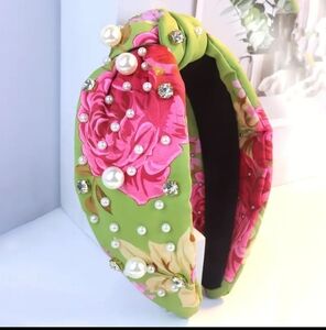 Headband Colorful Flower Printed Wide Faux Pearl Sparkling Rhinestone